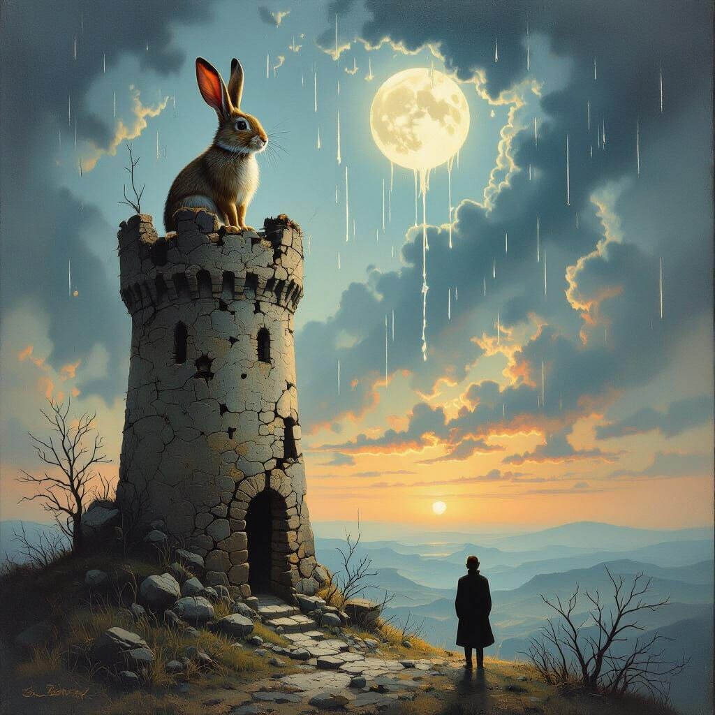Rabbit on Crumbling Tower in Surrealist Style