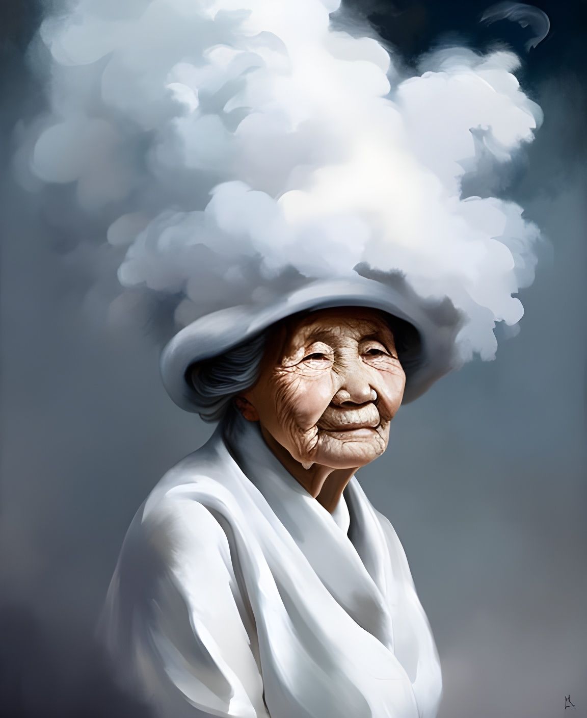 Old Woman Portrait with Cloud Hat as Speedpainting