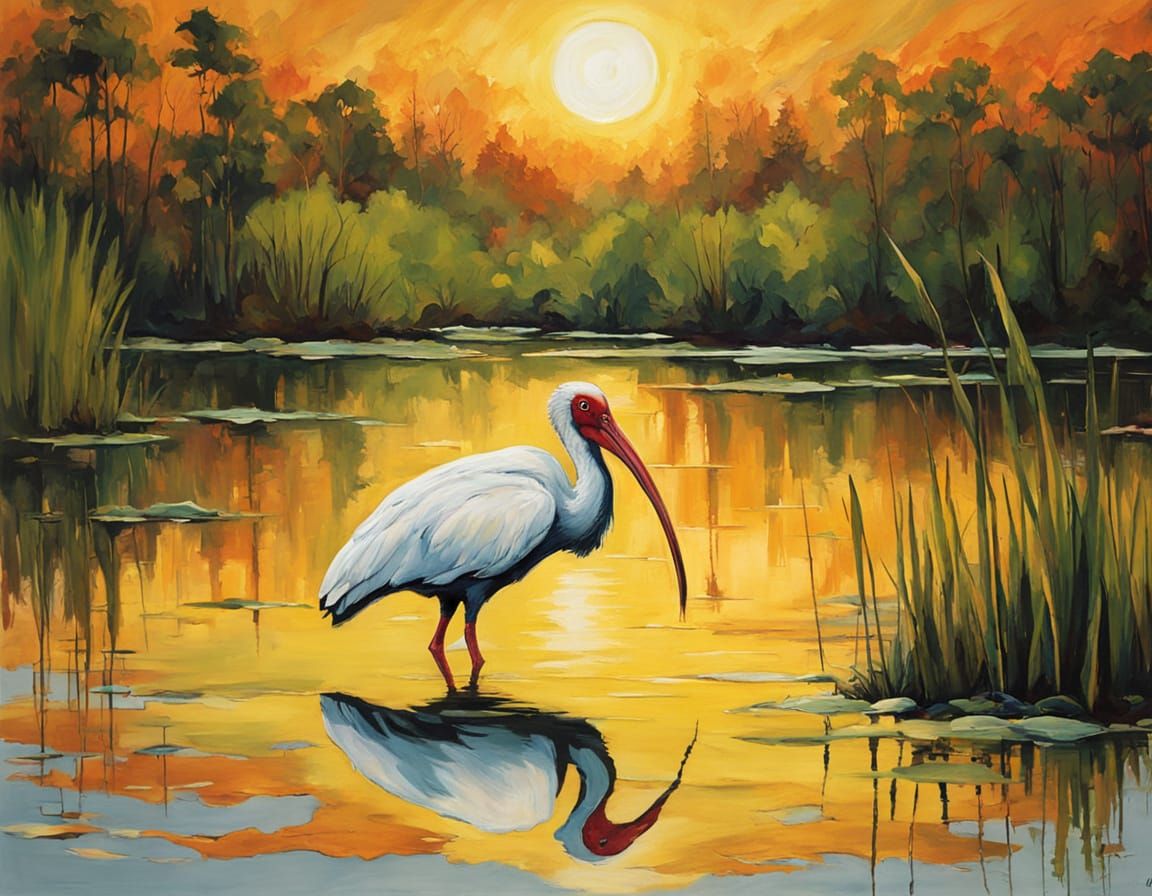 Ibis in Wetlands: Impressionist Style Nature Art