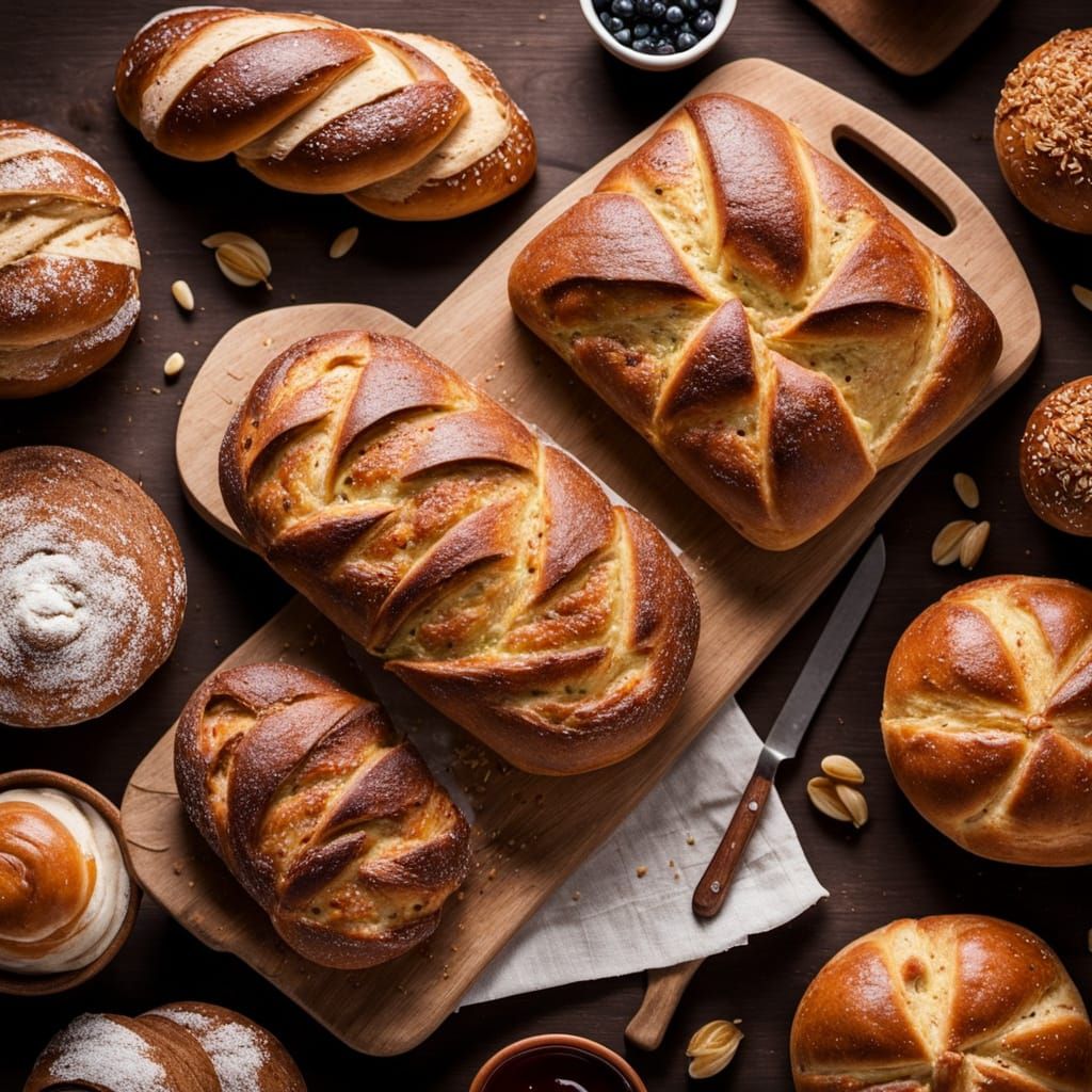 Warm Artisanal Breads on Wooden Tray in Soft Focus