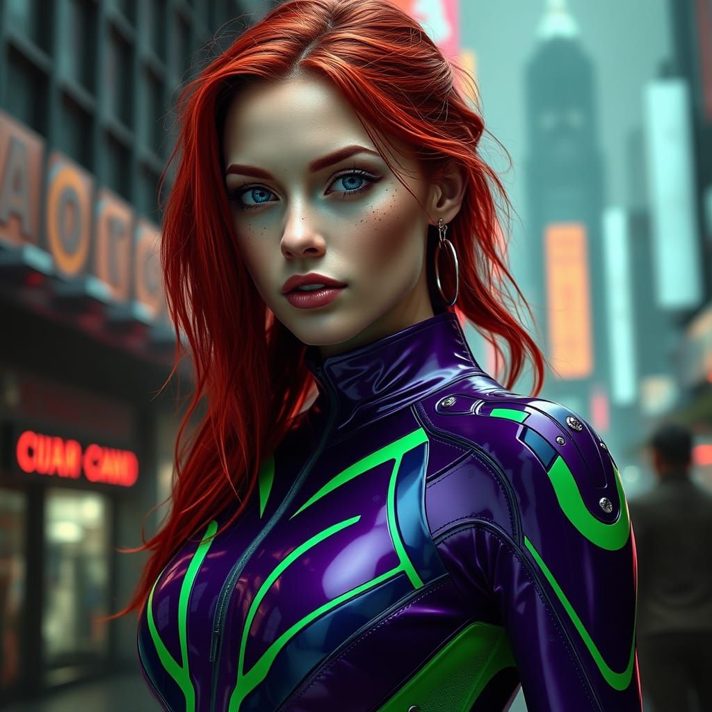 Cyberpunk Goddess in Futuristic Cityscape