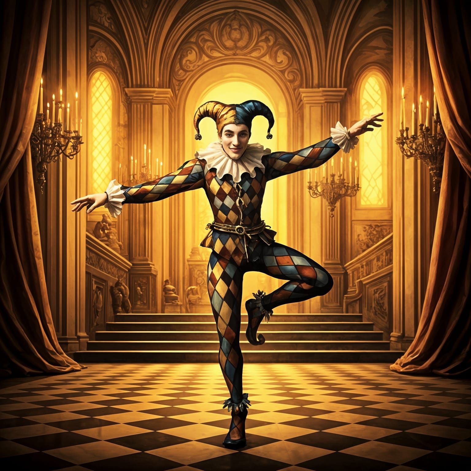Surreal Harlequin Jester in Dali-esque Renaissance Throne Ro...