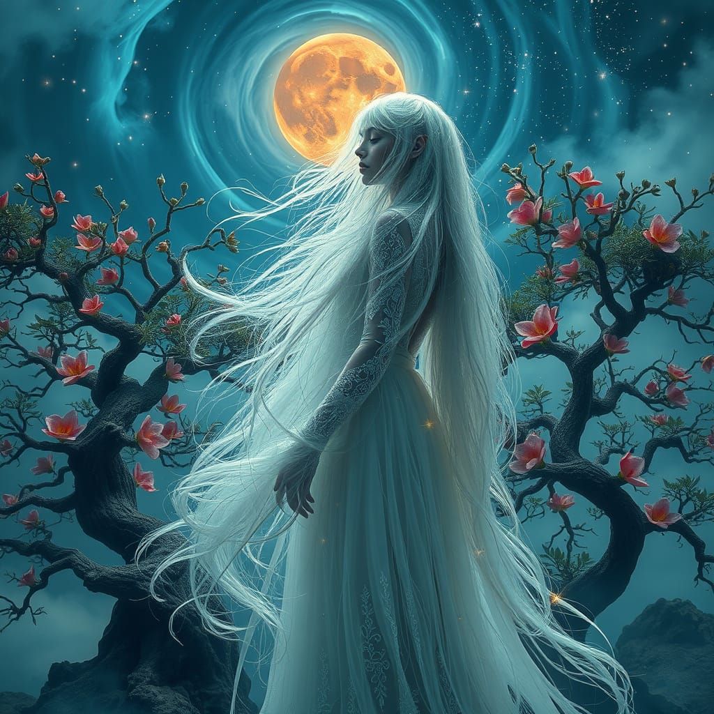 Mystical Woman in Ethereal Landscape with Peacock Feathers a...