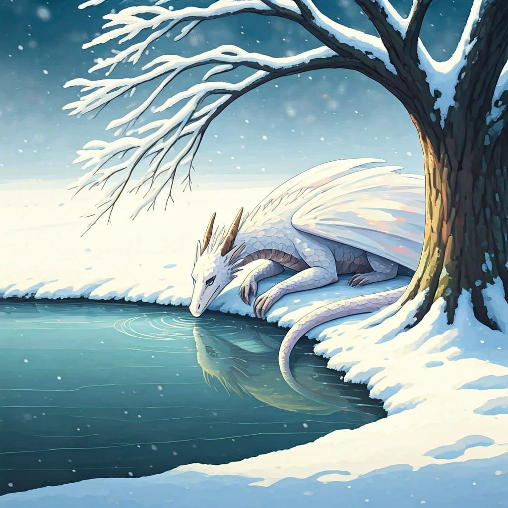 White Dragon Gazing into Winter Pond, Watercolor Style