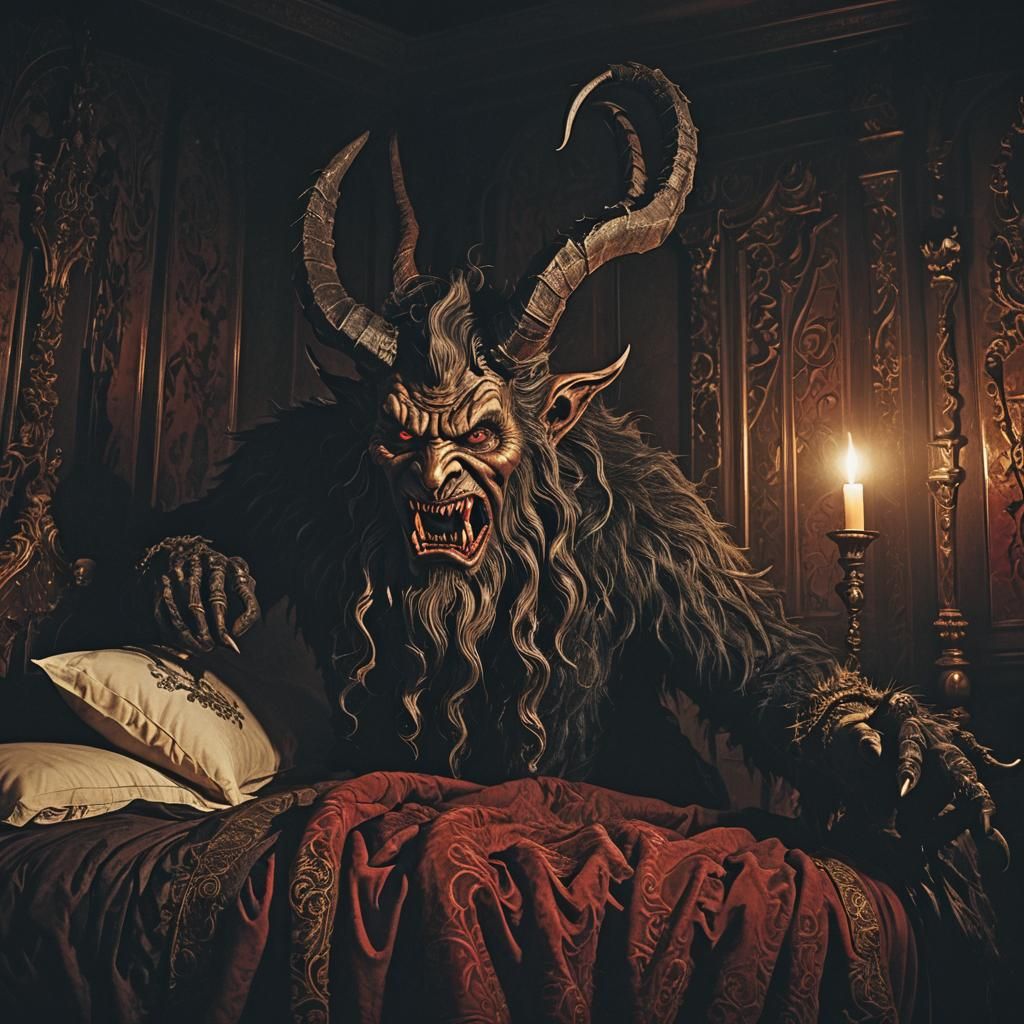 Gothic Horror: Krampus in Dimly Lit Bedroom