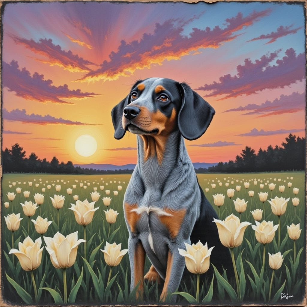 A Blue Tick Hound in a Vibrant Field of White Tulips, Set Ag...