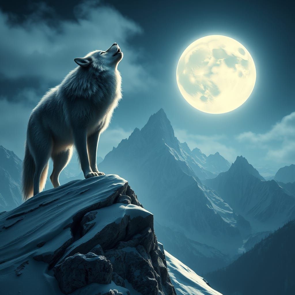 Majestic Wolf Under Full Moonlight on Snow-Capped Mountain i...
