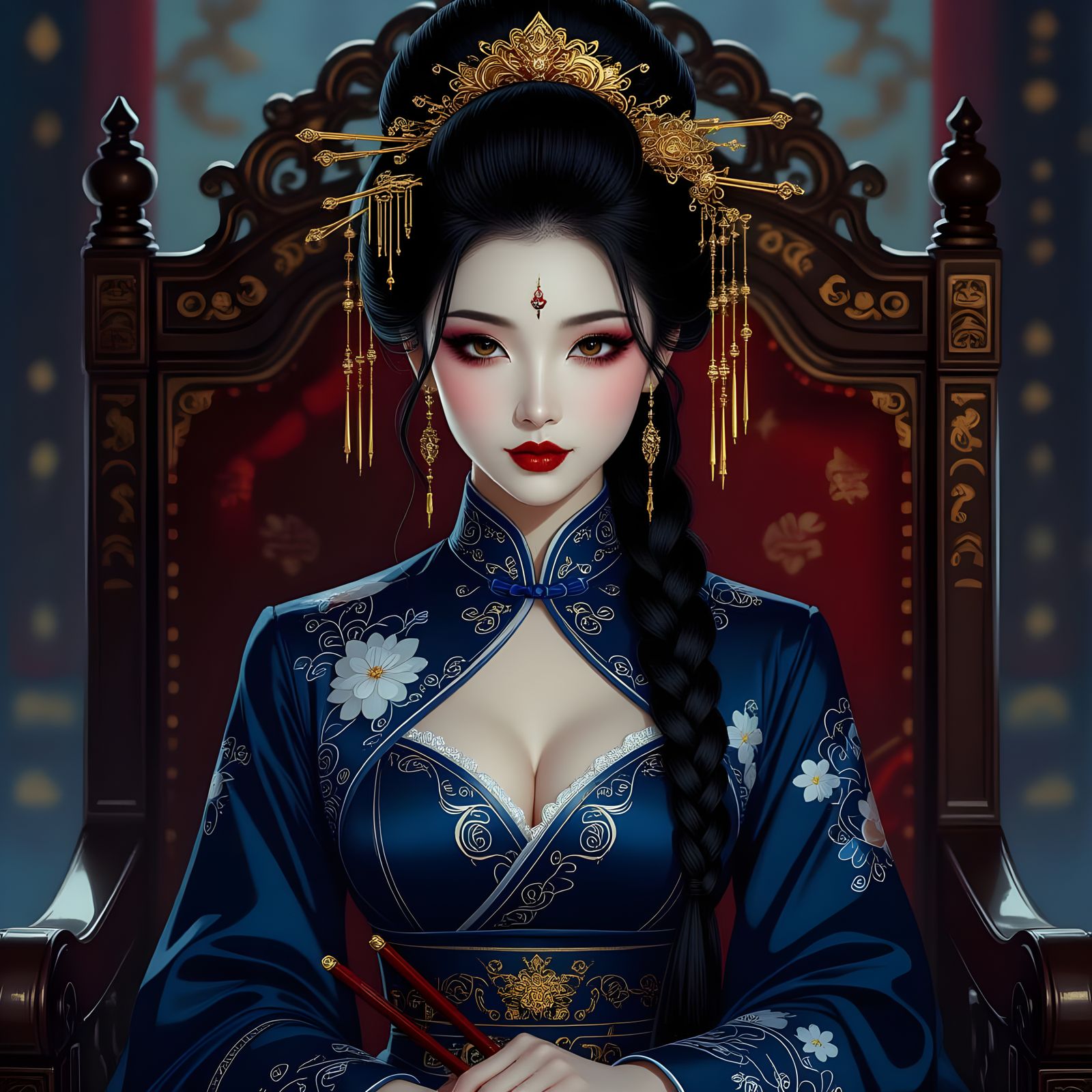 Chinese Princess in Dark Blue Qipao with Geisha Goth Makeup