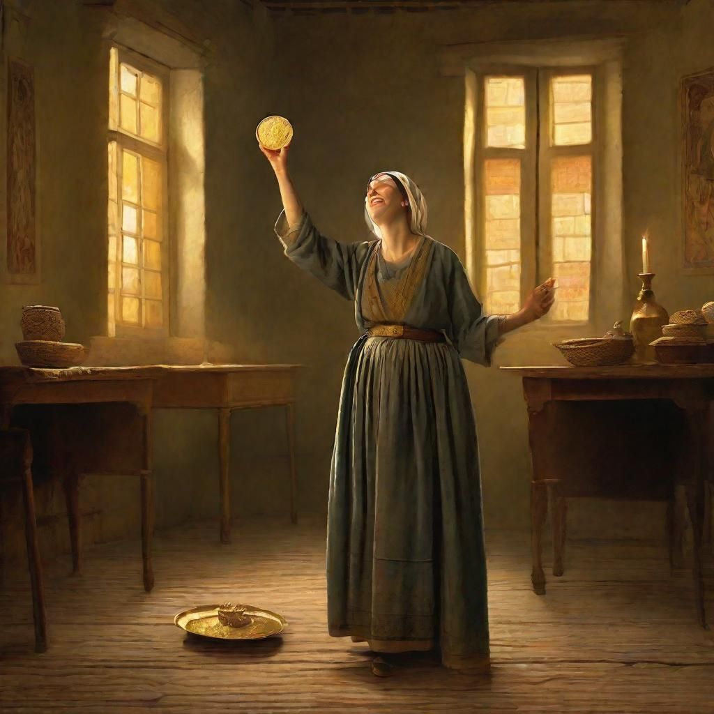 First-Century Woman Joyously Holds Gold Coin