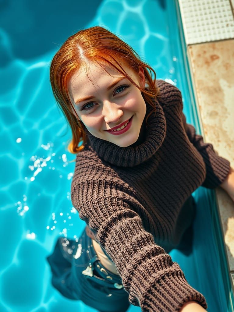 Ginger College Woman Smirks from Pool