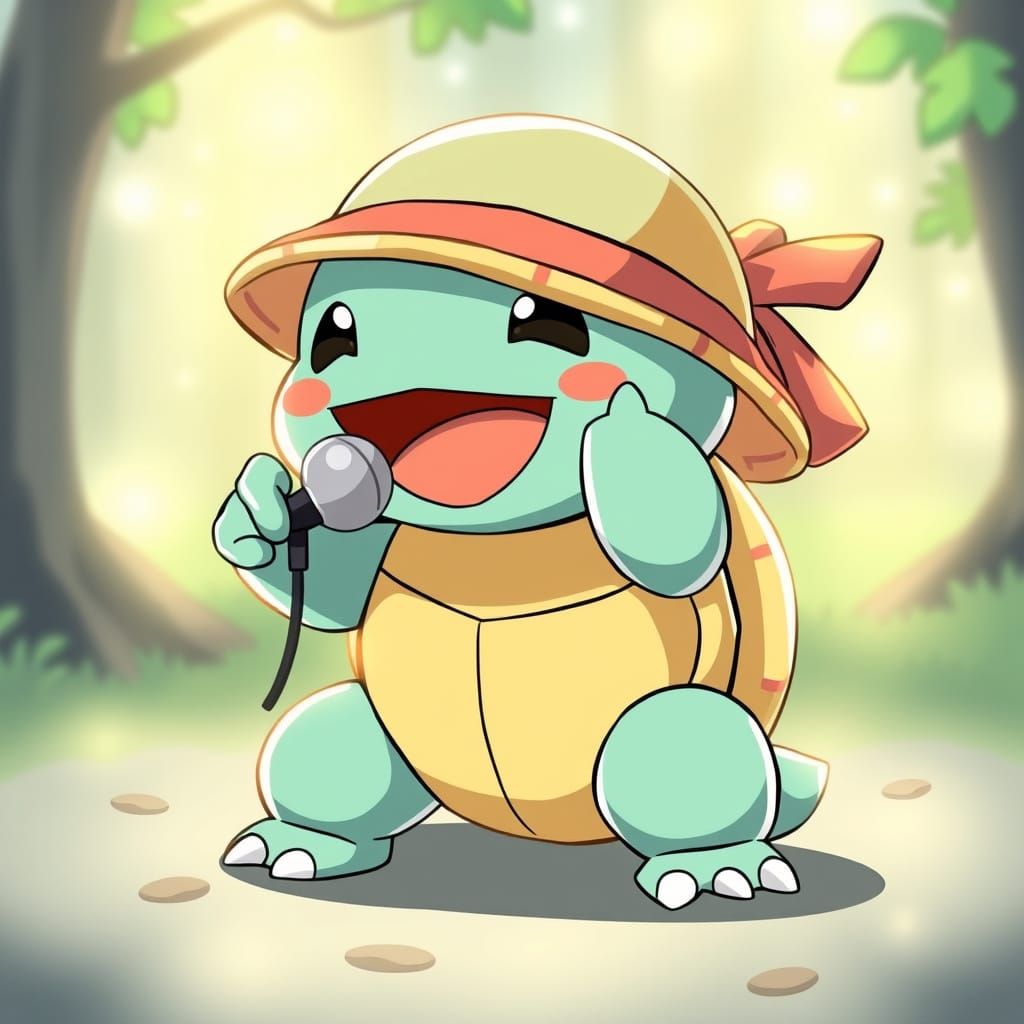 A kawaii singing Squirtle Pokémon Turtle singing karaoke in the anime style