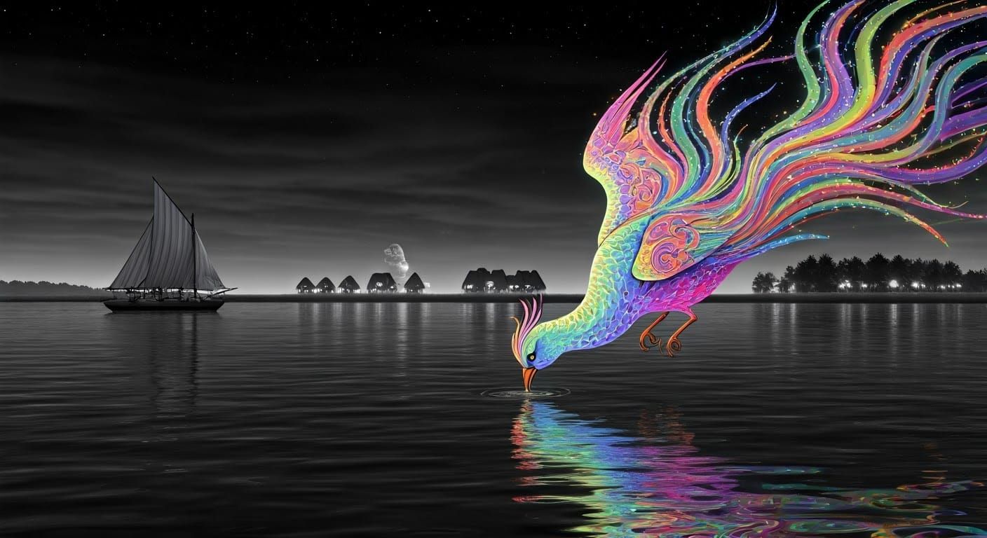 Rainbow Bird Drinks From River: Bright Illustration