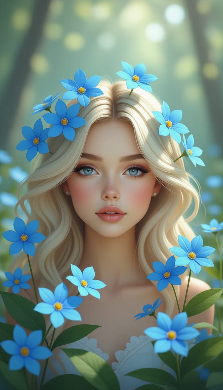 Forget-Me-Not Flowers with Serene Faces in Dreamlike Forest