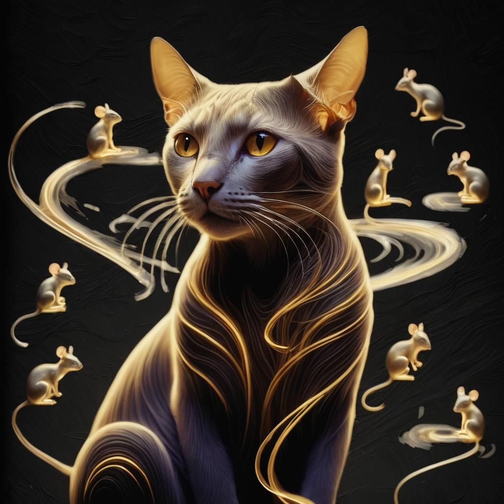 Mystical Cat Composed of Mice in Golden Swirls