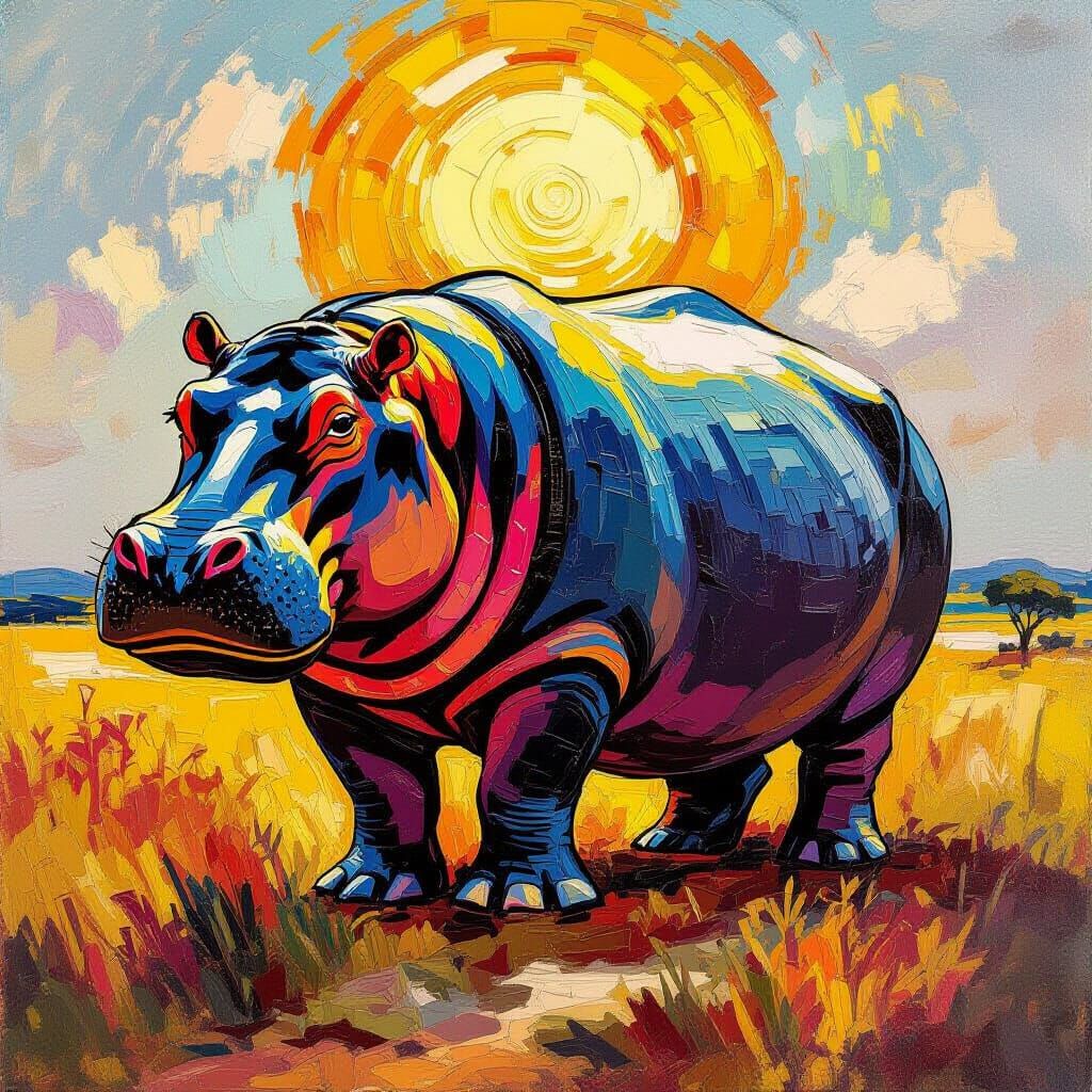 Colossal Hippo in Vibrant Impasto Style on Savanna