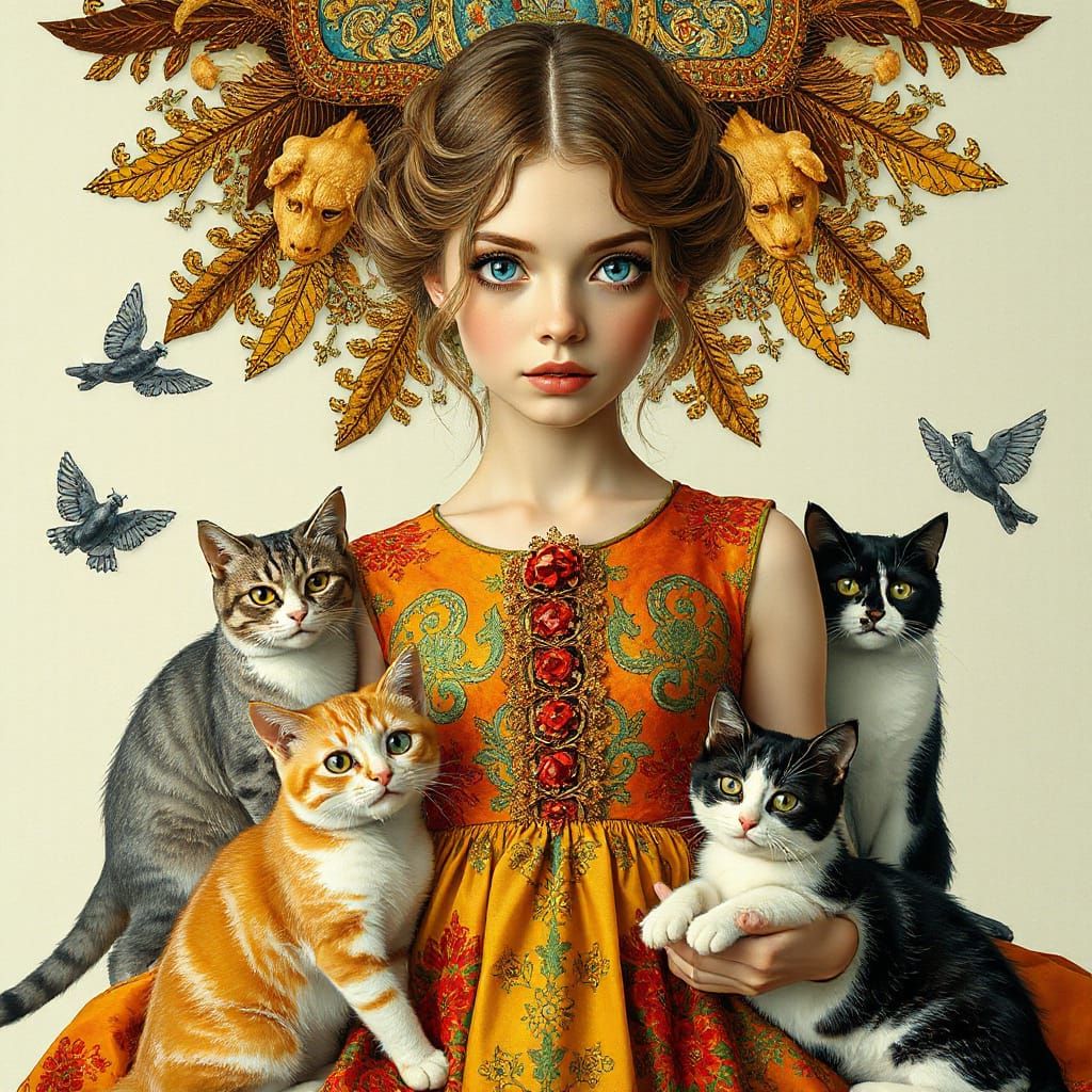 Elegant Woman Surrounded by Cats in Art Nouveau Style