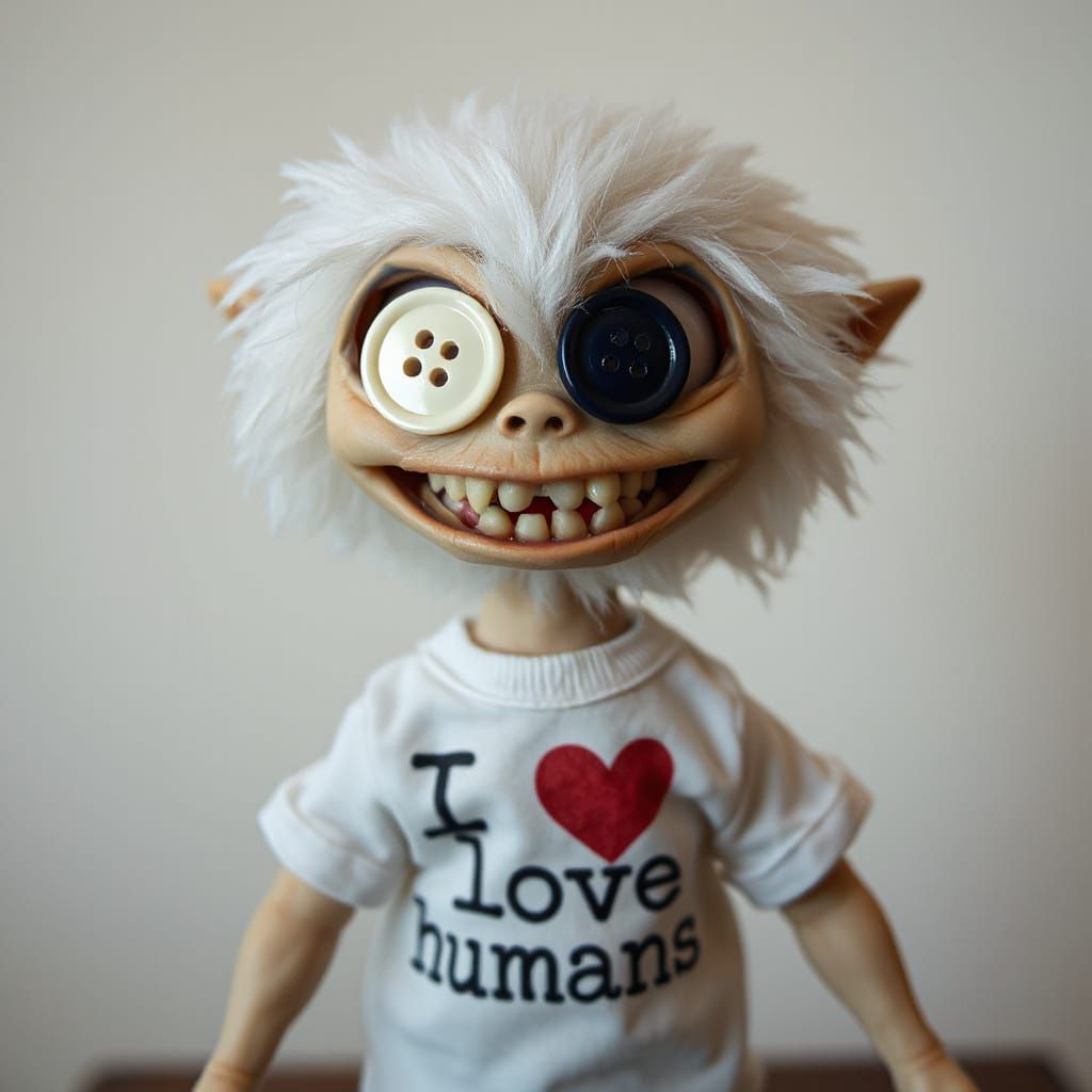 Unsettling Monster Doll with Sinister Grin and Mismatched Ey...