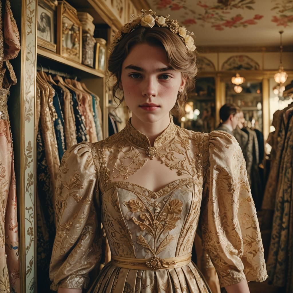 Boy in Dress Hiding in Vintage Shop, Cinematic Style