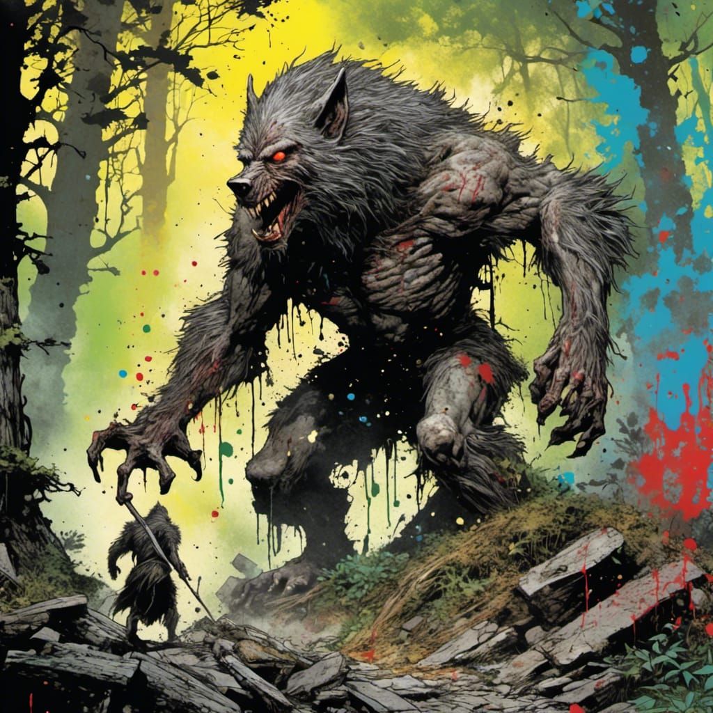 Savage Werewolf in Ruined Forest, Splatter Graffiti Style