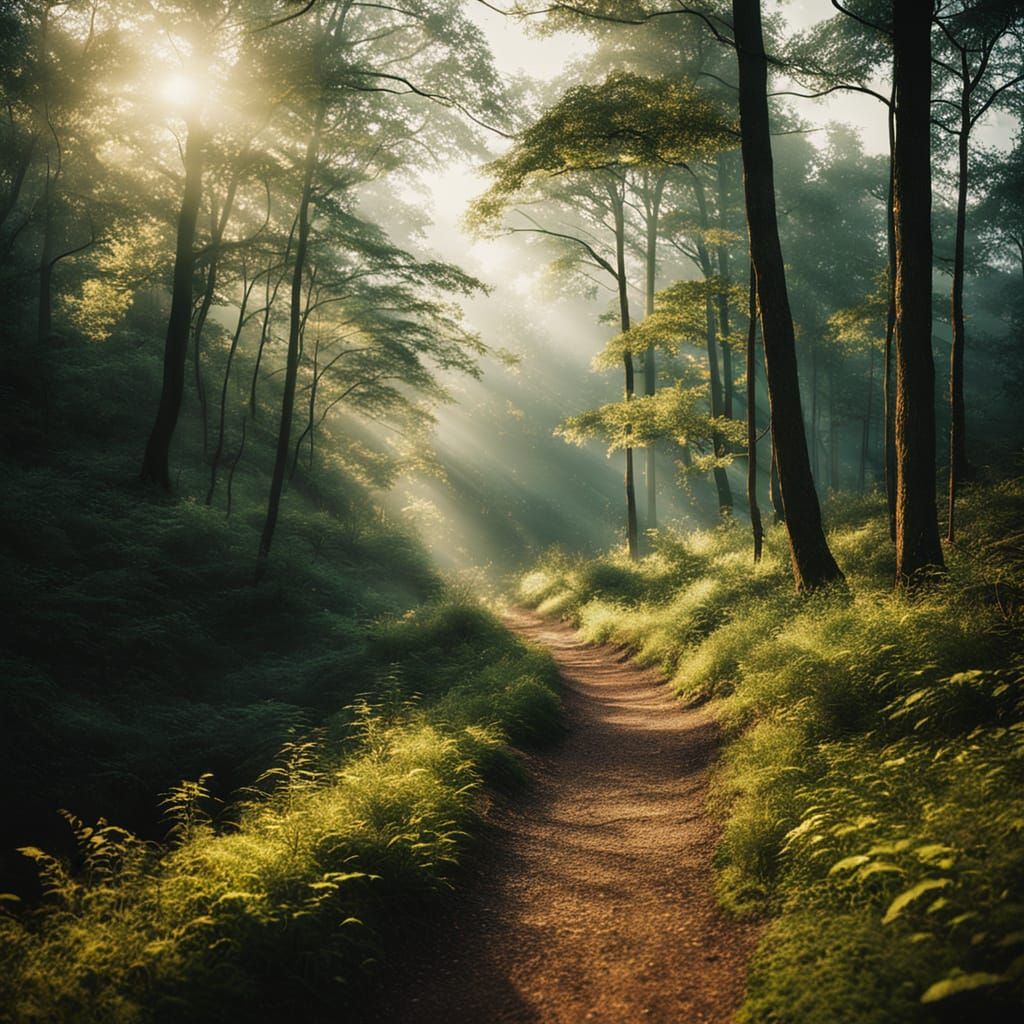 Forest Trail in Golden Hour: Cinematic Film Still