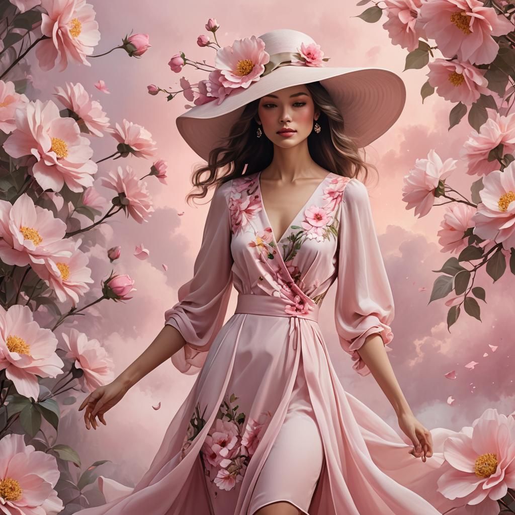 Elegant Woman in Pink Sky Dress: 3D Anime Art