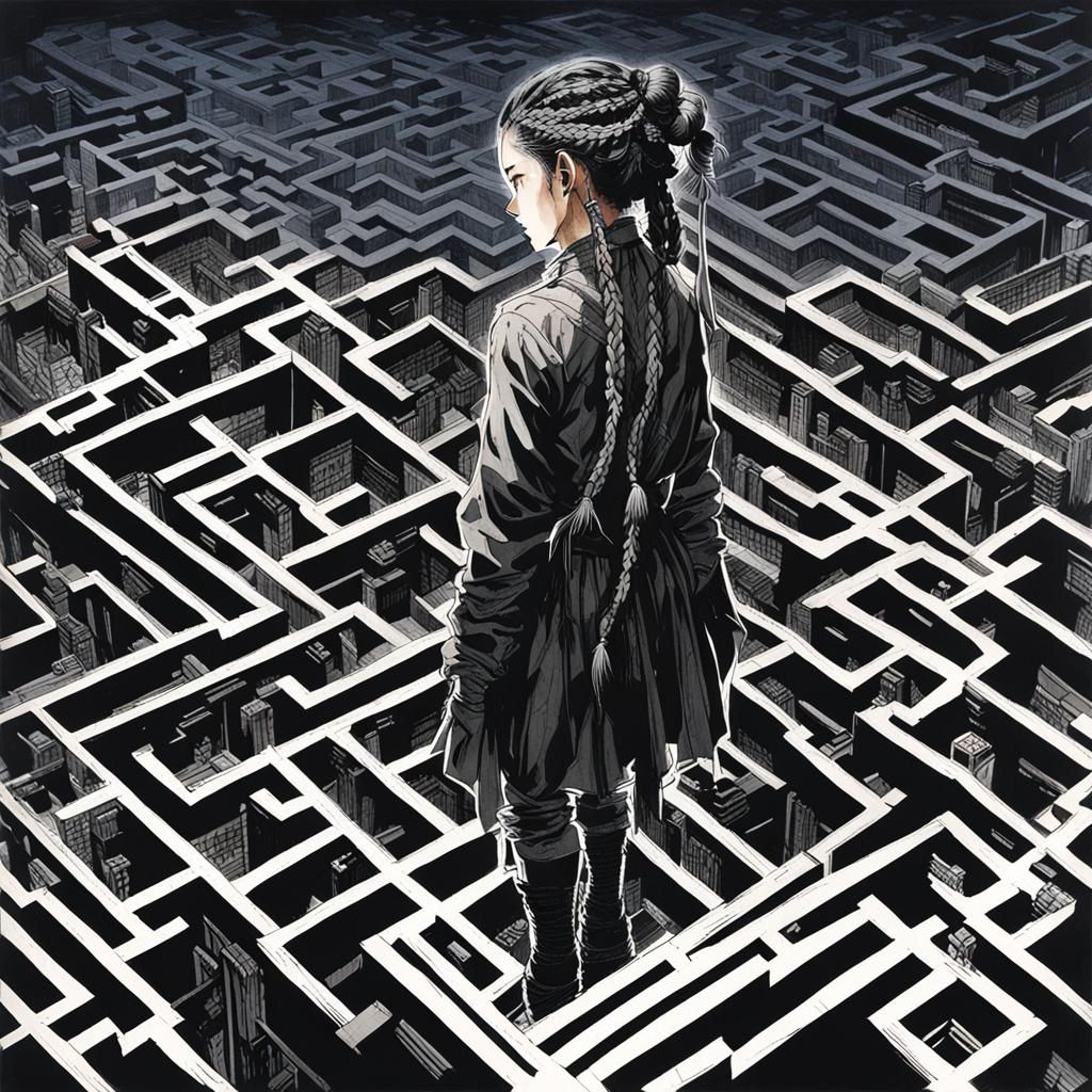 Woman Lost in Maze, Ink Wash Style