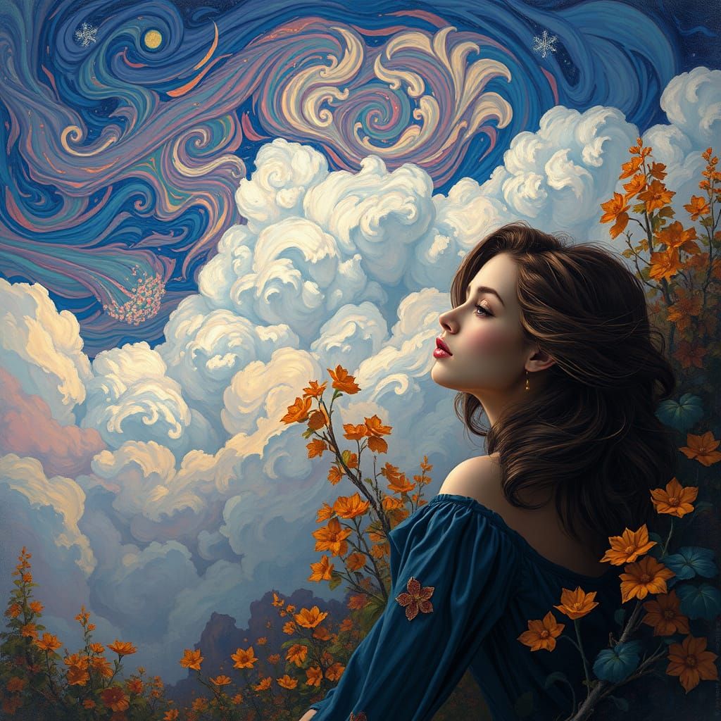 Dreamlike Woman in a Whimsical Landscape