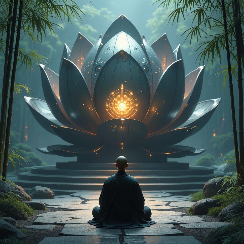 Monk Meditates Before Biomechanical Lotus Flower