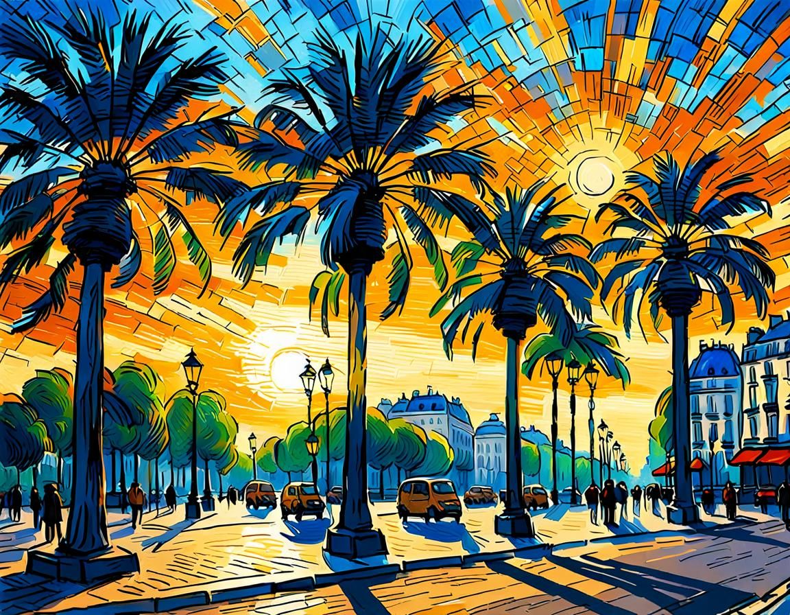 Paris Champs-Elysees Palm Trees in Impressionist Style
