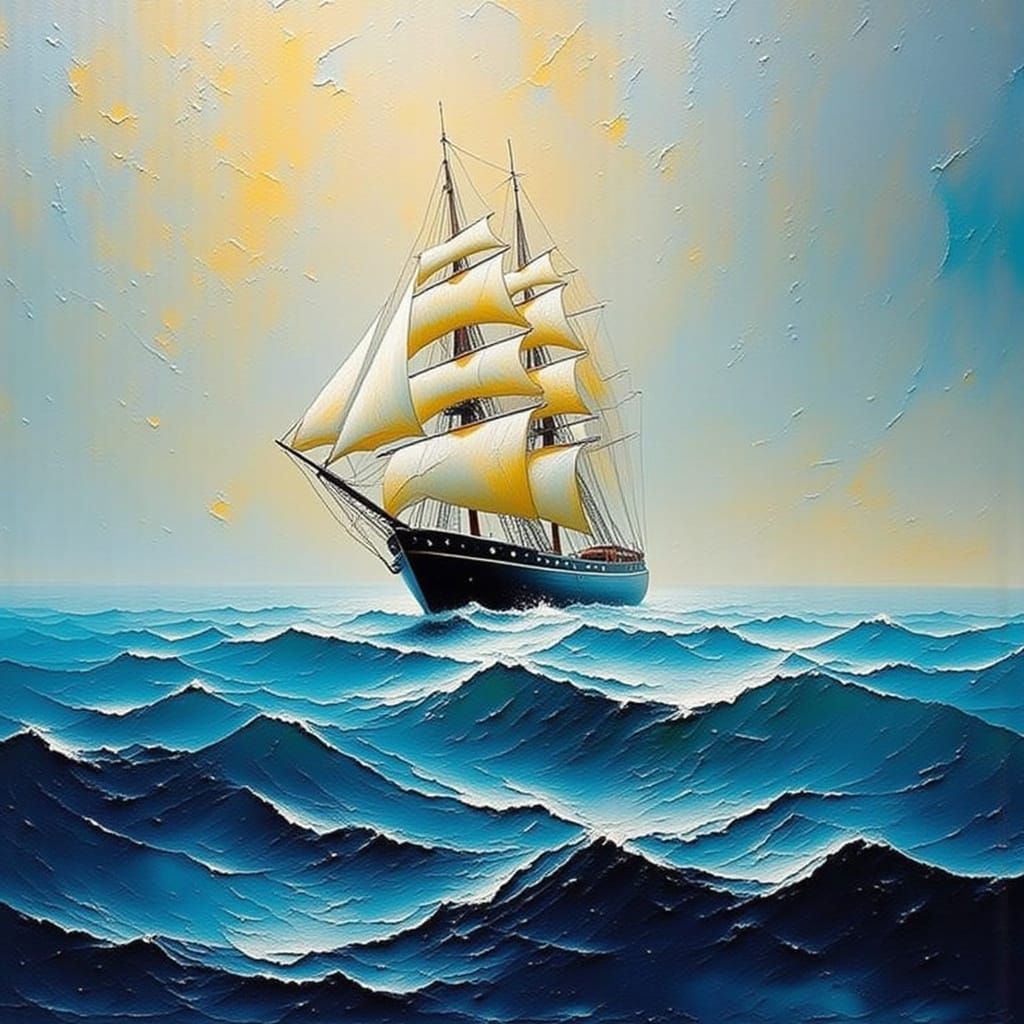 Impasto Oil Seascape with Sailing Ship