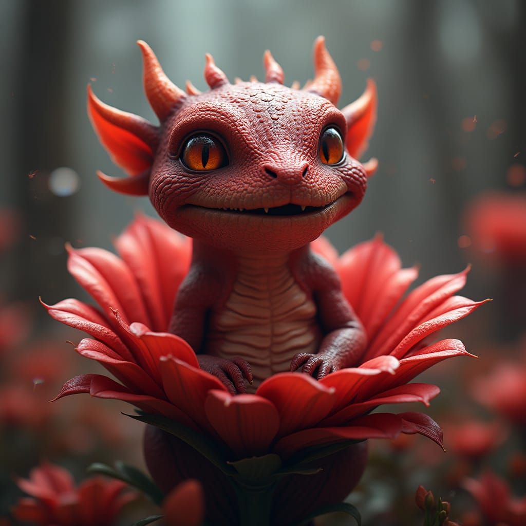 Friendly Red Crocodile in a Flower Garden