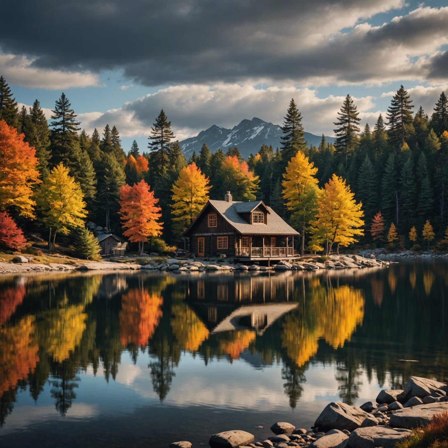 Lakeside Cabin in Autumn: Hyperrealistic Tranquility