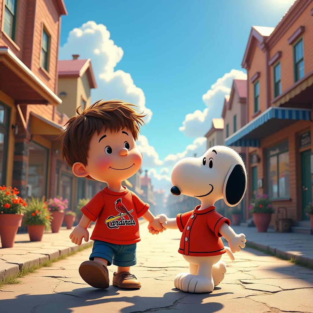 Snoopy and Boy Walking Down Dreamlike Street