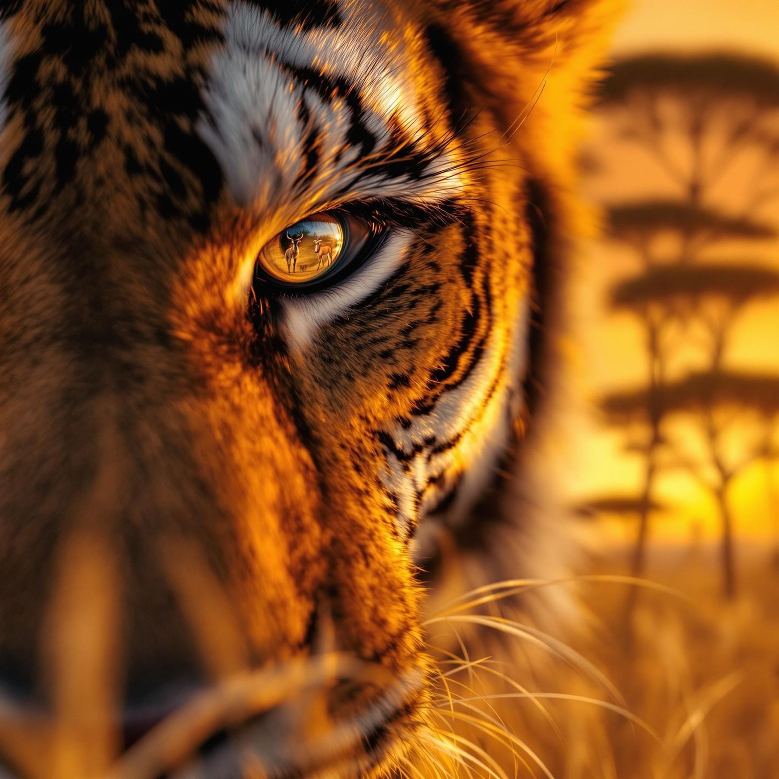 Tiger's Gaze Reflects Gazelle at Sunset