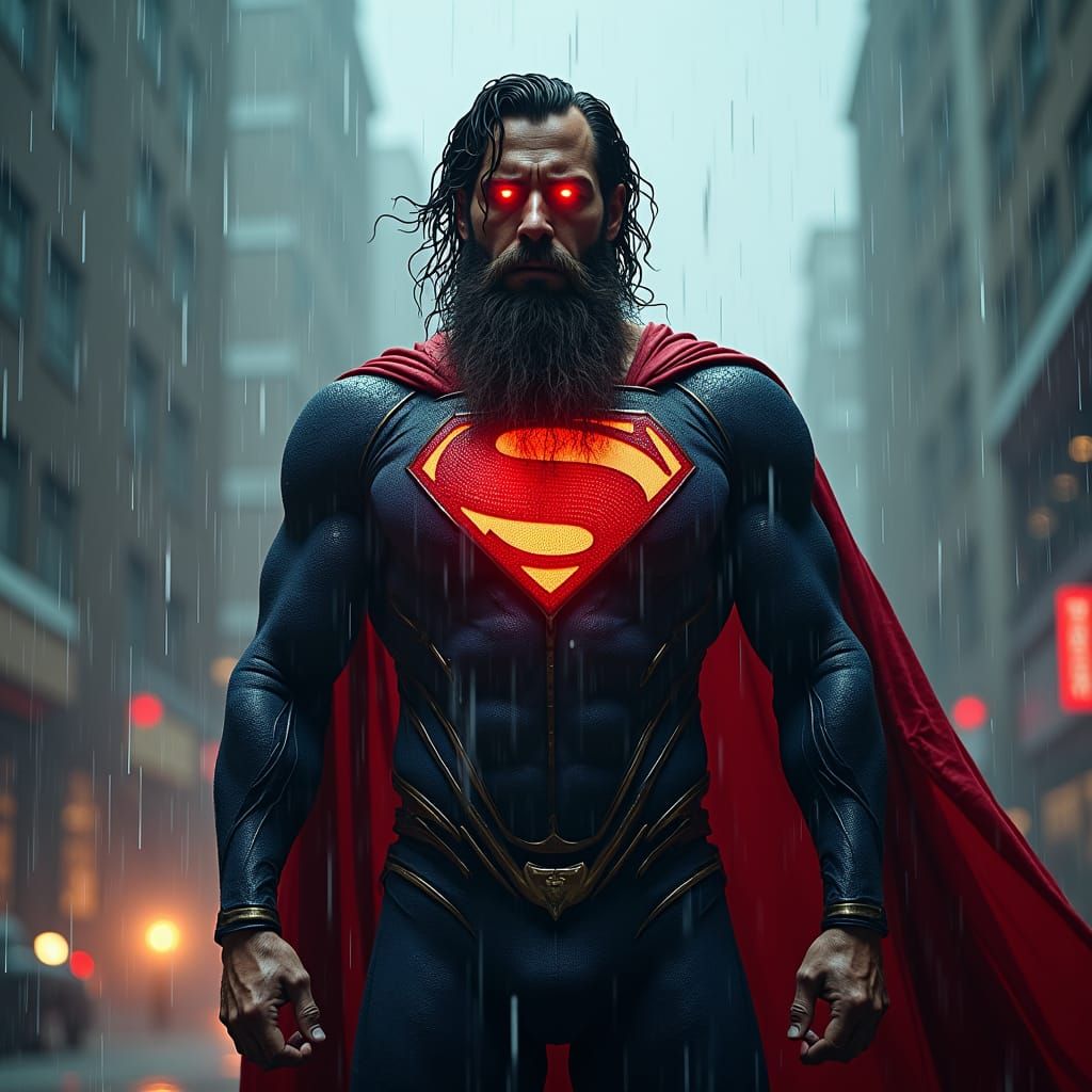 Enraged Superman in Rain, a Cinematic Graphic Novel