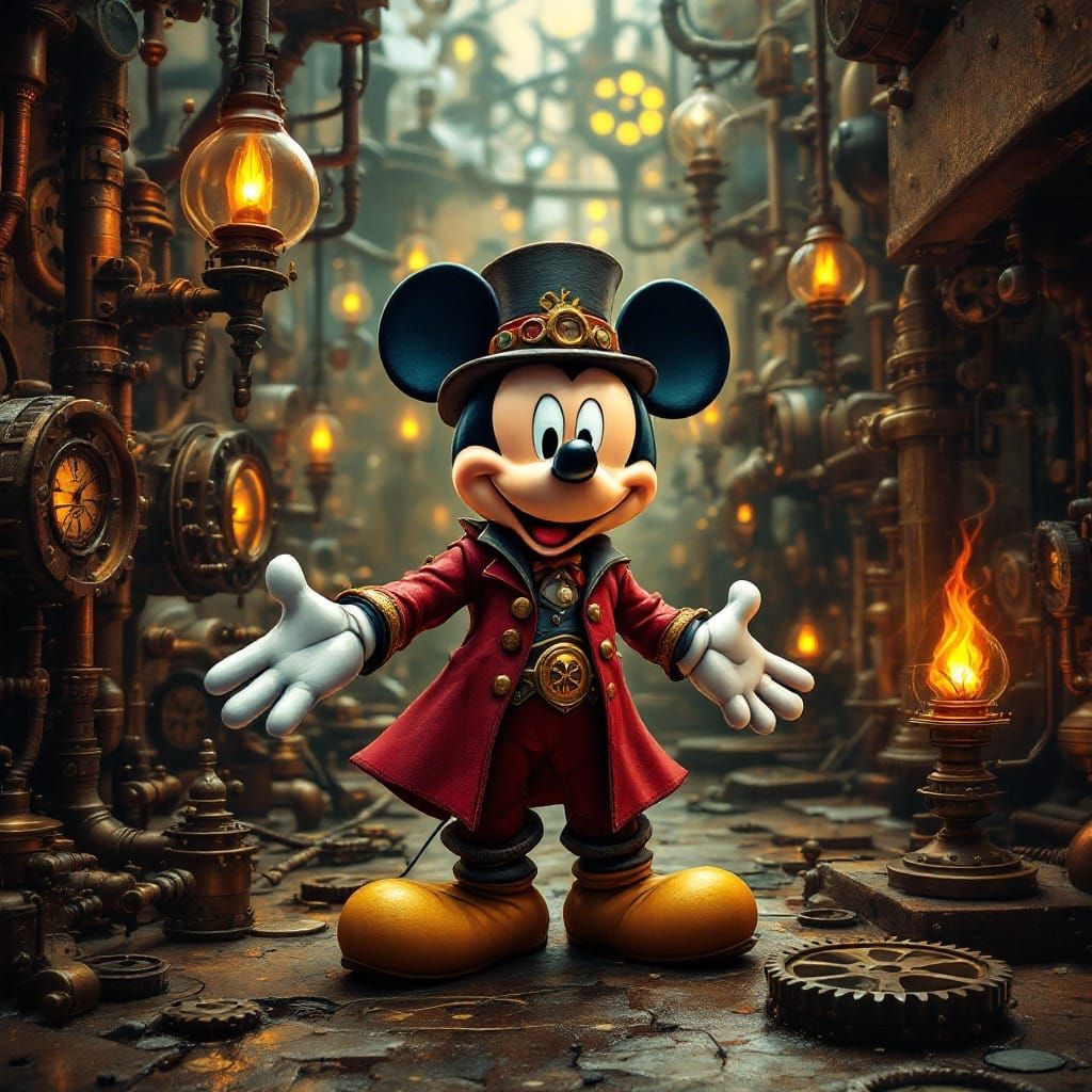 Surreal Steampunk Dreamscape with Mickey Mouse