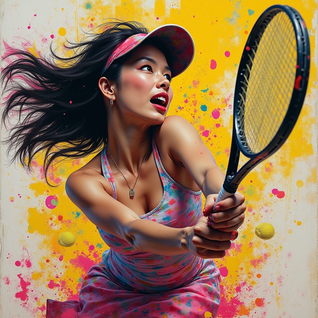 Lucy Liu in Vibrant Tennis Swing Graffiti Masterpiece