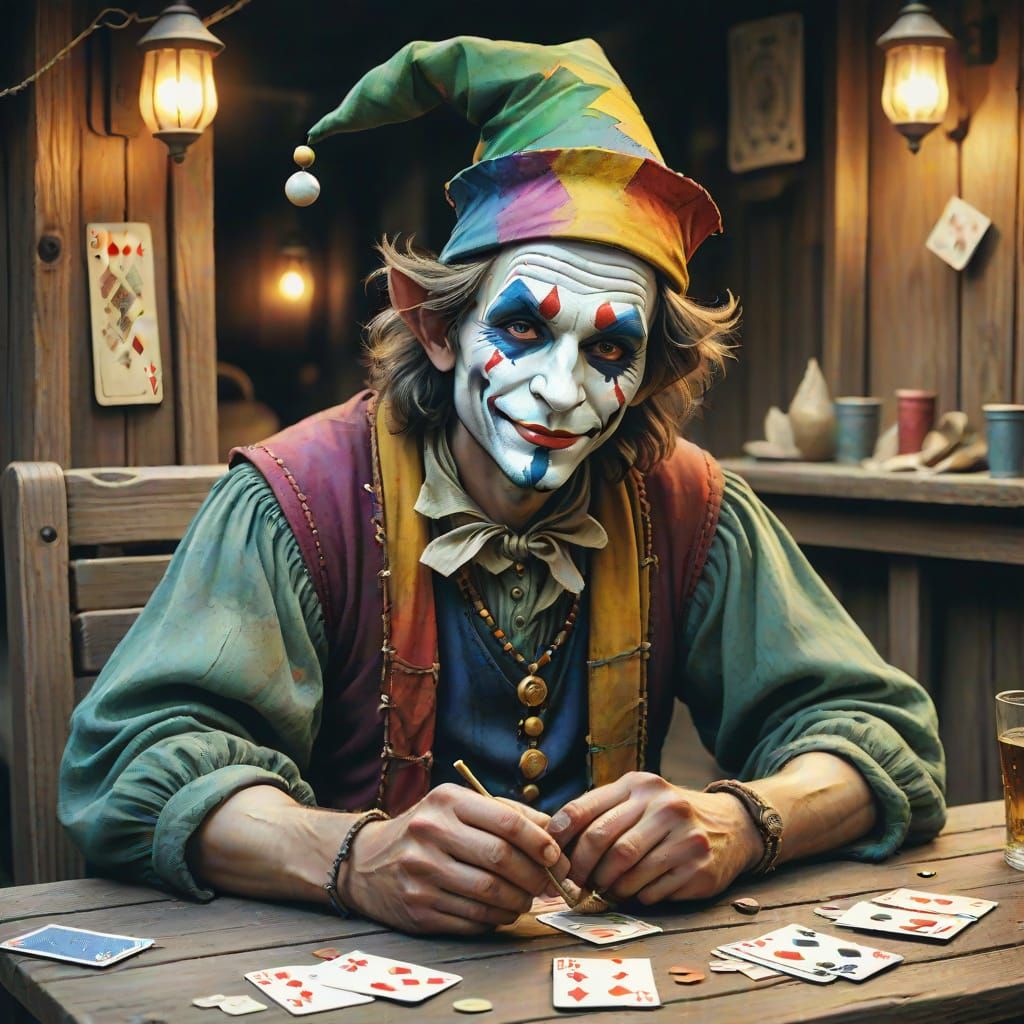 Miserable Jester in Rustic Tavern