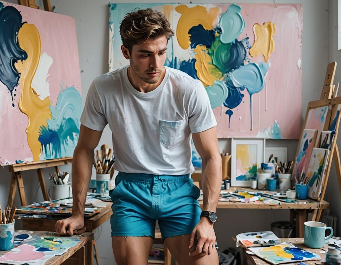 Young Artist in Studio: Minimalist Cartoon Style