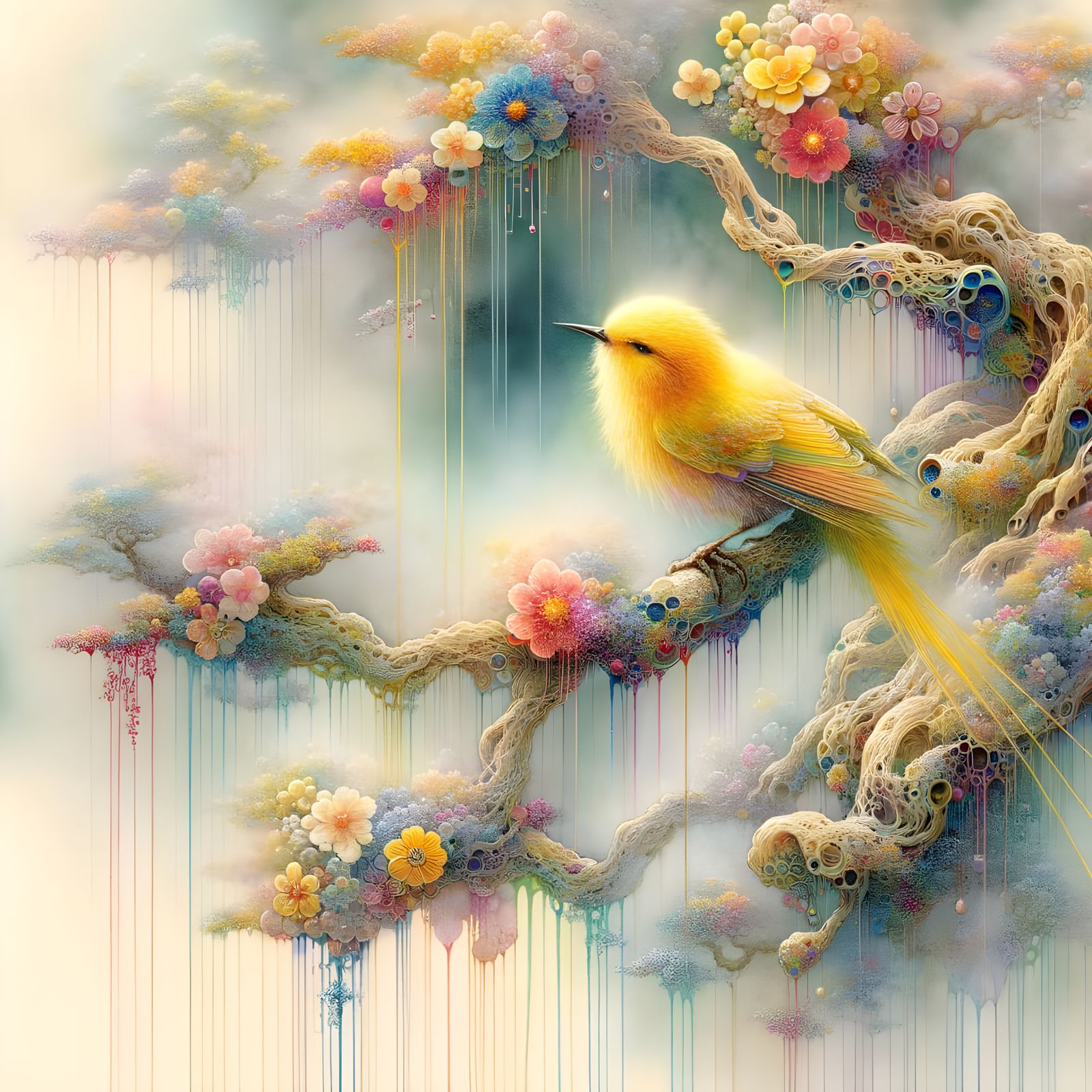 Yellow Bird in Flower Tree, Hokusai-Inspired Watercolor