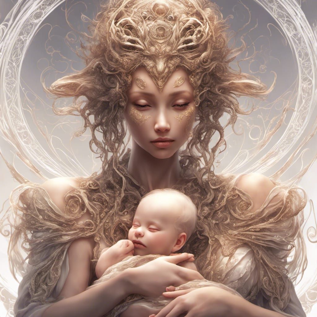 Luminous Lava Mother and Child: Surrealist Filigree Art