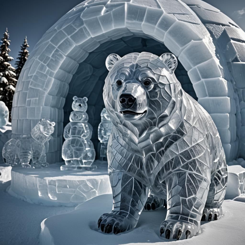 Hyperrealistic Ice Sculpture of Bear and Igloo