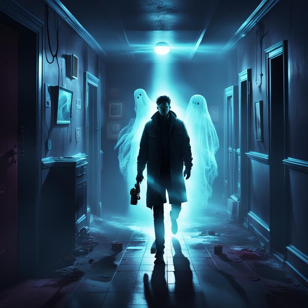Ghost Hunter in Dim Hallway: Neon Digital Painting