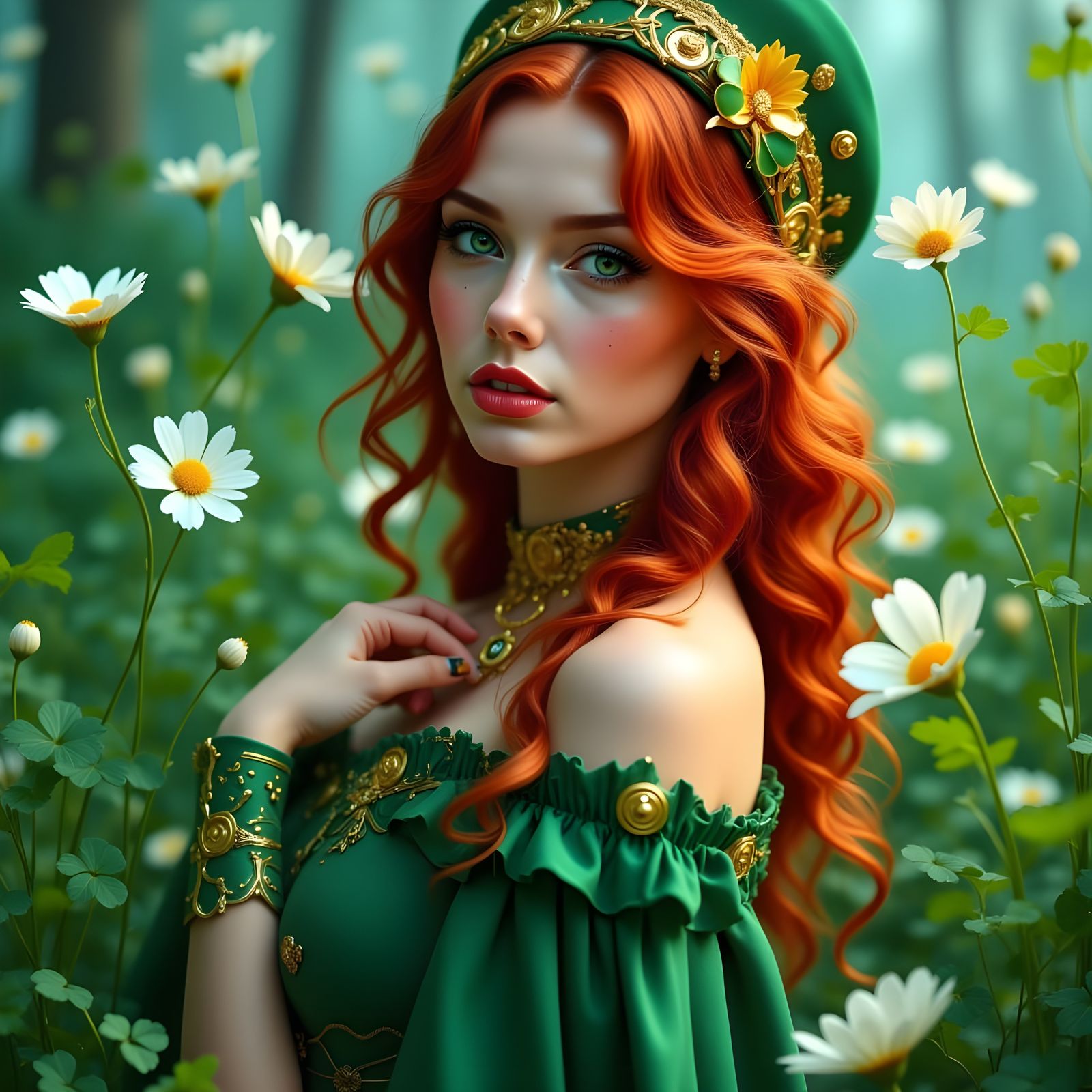 Sensual Irish Beauty Wears Leprechaun Attire in Emerald Fiel...