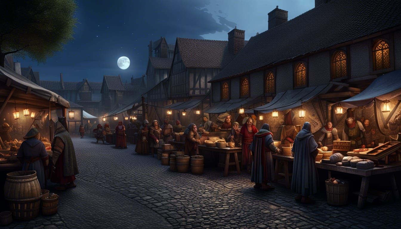 Medieval Market Street at Night: Dark Fantasy Concept Art