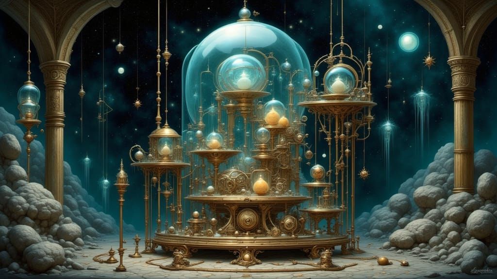 Surreal Clockwork Machine in Star-Lit Chamber