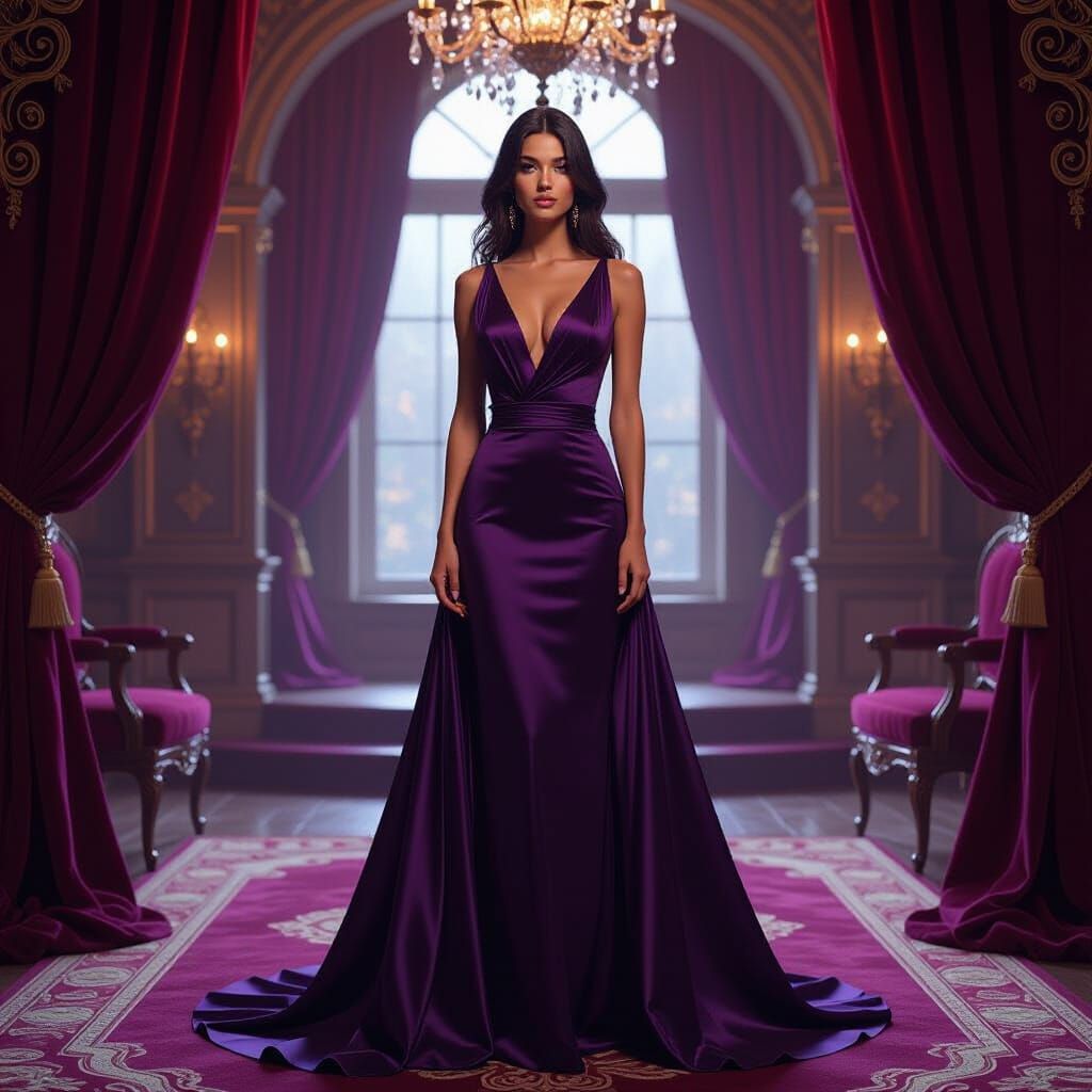 Woman in Purple Gown in Lavish Room