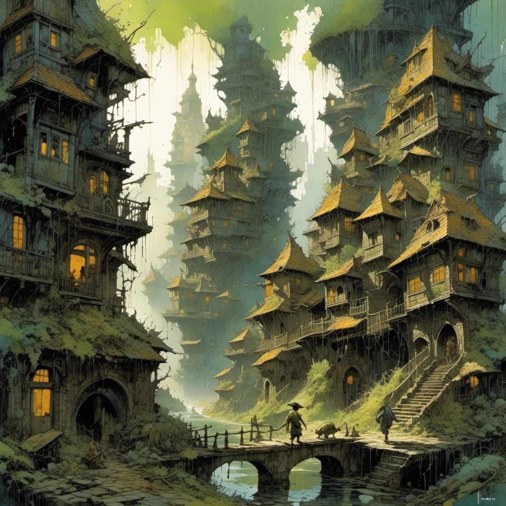 Post-Apocalyptic Goblin City in Rain