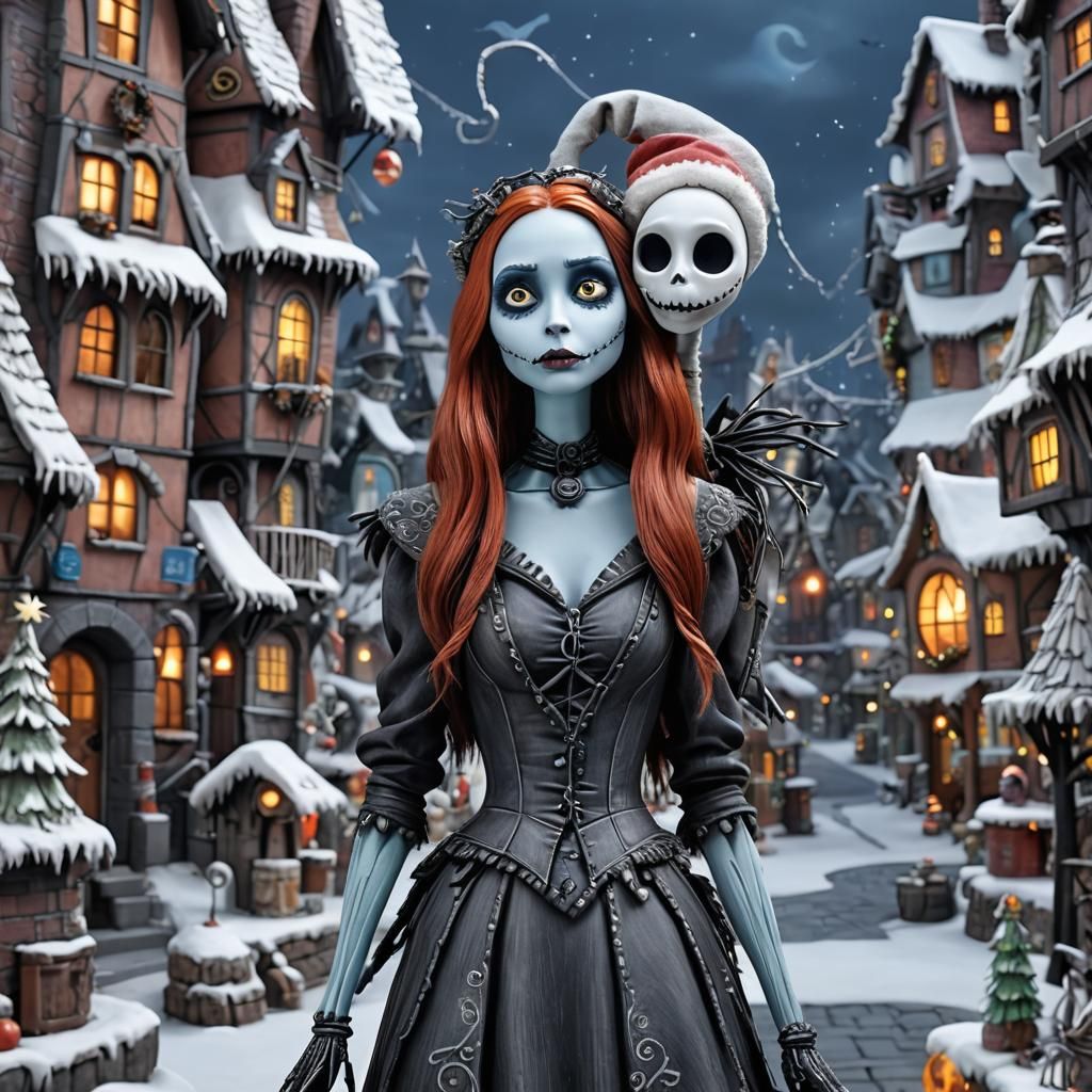 Hyperrealistic Sally in Christmas Town Scene