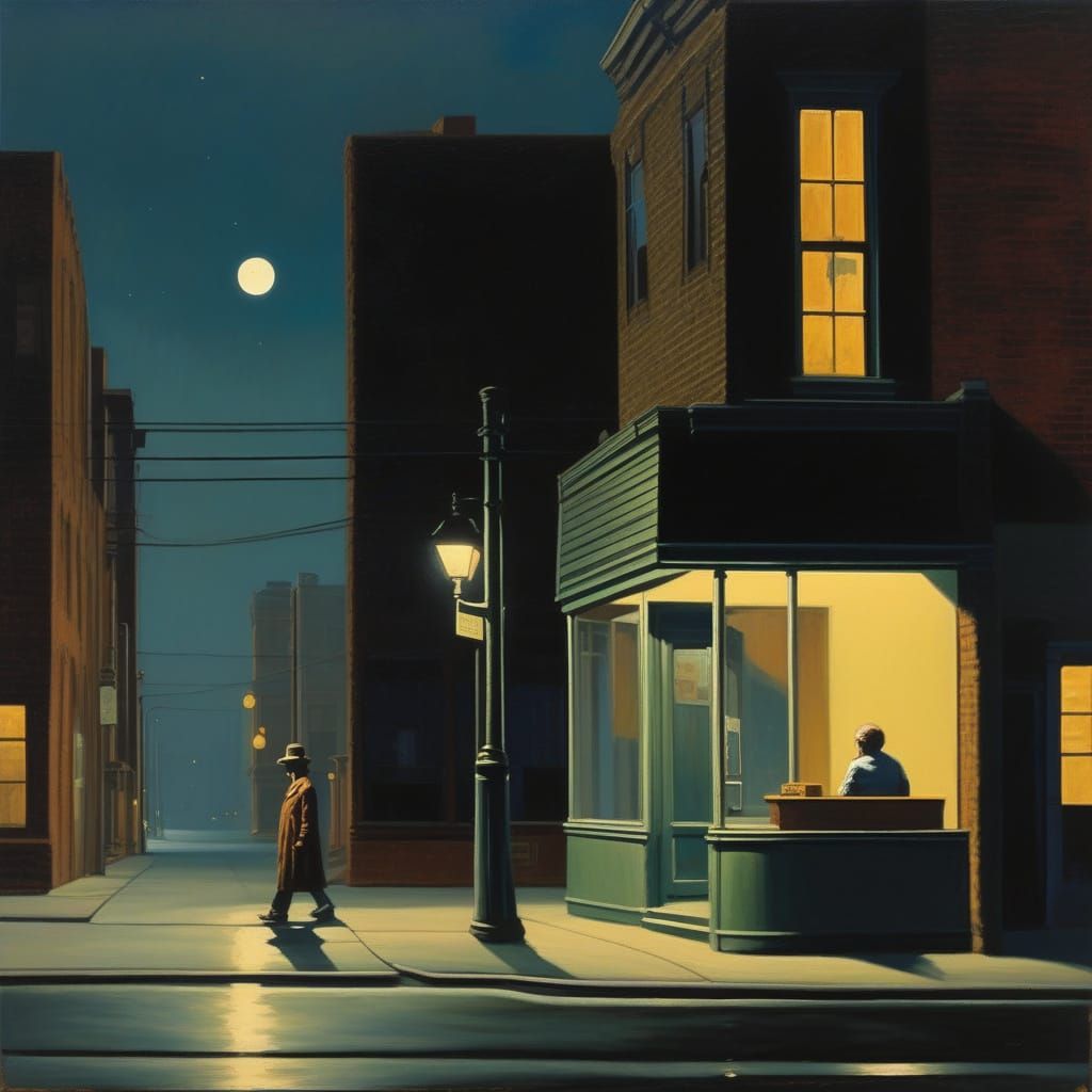 Moonlit Cityscape with Solitary Figure in Hopper Style